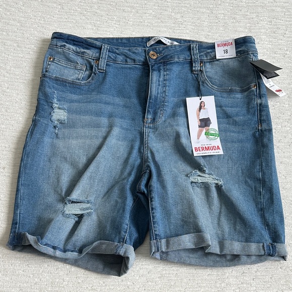 Celebrity Pink Pants - Celebrity Pink Mid-Rise Medium Blue Distressed Bermuda Shorts NWT